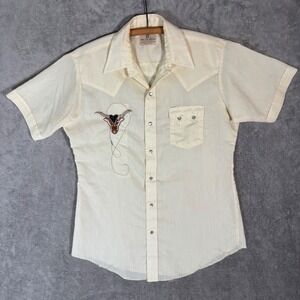 Vintage Dee Cee Brand Mens Cream Western Pearl Snap Short Sleeve Bull Shirt 16 M